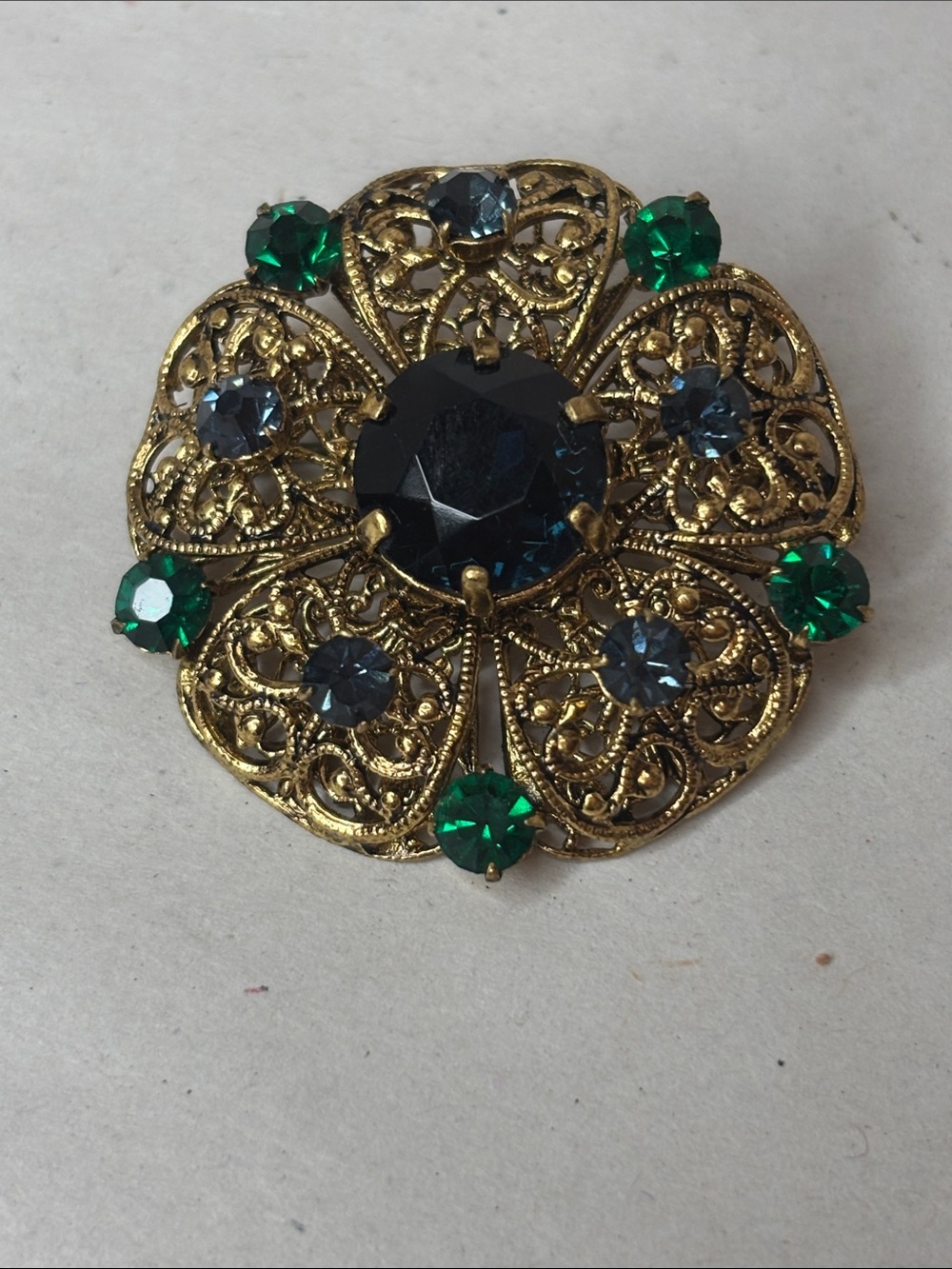 Vintage Signed Czecho Brass Filigree Brooch with Blue and Green Rhinestones